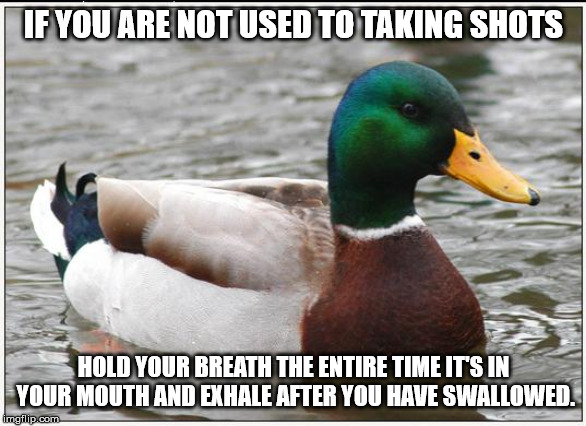 Actual Advice Mallard | IF YOU ARE NOT USED TO TAKING SHOTS; HOLD YOUR BREATH THE ENTIRE TIME IT'S IN YOUR MOUTH AND EXHALE AFTER YOU HAVE SWALLOWED. | image tagged in memes,actual advice mallard,AdviceAnimals | made w/ Imgflip meme maker
