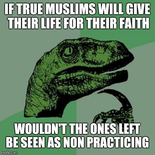 Philosoraptor Meme | IF TRUE MUSLIMS WILL GIVE THEIR LIFE FOR THEIR FAITH; WOULDN'T THE ONES LEFT BE SEEN AS NON PRACTICING | image tagged in memes,philosoraptor | made w/ Imgflip meme maker