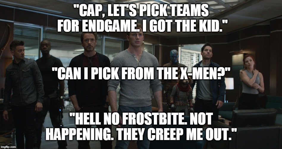 Endgame teams. | "CAP, LET'S PICK TEAMS FOR ENDGAME. I GOT THE KID."; "CAN I PICK FROM THE X-MEN?"; "HELL NO FROSTBITE. NOT HAPPENING. THEY CREEP ME OUT." | image tagged in avengers endgame,endgame,no spoilers,funny,marvel | made w/ Imgflip meme maker