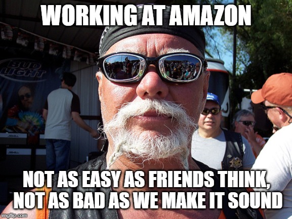 Working at Amazon |  WORKING AT AMAZON; NOT AS EASY AS FRIENDS THINK, NOT AS BAD AS WE MAKE IT SOUND | image tagged in amazon,work sucks,complaining,job,employment,whining | made w/ Imgflip meme maker