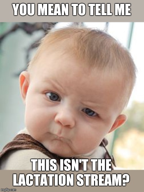 Skeptical Baby Meme | YOU MEAN TO TELL ME THIS ISN'T THE LACTATION STREAM? | image tagged in memes,skeptical baby | made w/ Imgflip meme maker