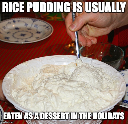 Rice Pudding | RICE PUDDING IS USUALLY; EATEN AS A DESSERT IN THE HOLIDAYS | image tagged in rice pudding,memes,dessert | made w/ Imgflip meme maker