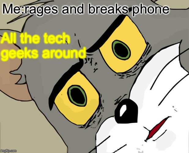 Unsettled Tom | All the tech geeks around; Me:rages and breaks phone | image tagged in memes,unsettled tom | made w/ Imgflip meme maker