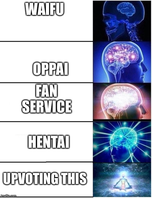 Expanding Brain 5 Panel | WAIFU; OPPAI; FAN SERVICE; HENTAI; UPVOTING THIS | image tagged in expanding brain 5 panel | made w/ Imgflip meme maker