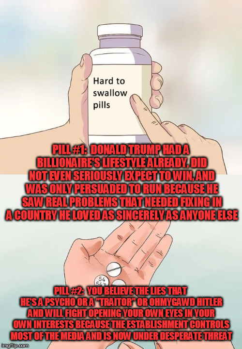 Hard To Swallow Pills Meme | PILL #1:  DONALD TRUMP HAD A BILLIONAIRE'S LIFESTYLE ALREADY, DID NOT EVEN SERIOUSLY EXPECT TO WIN, AND WAS ONLY PERSUADED TO RUN BECAUSE HE | image tagged in memes,hard to swallow pills | made w/ Imgflip meme maker