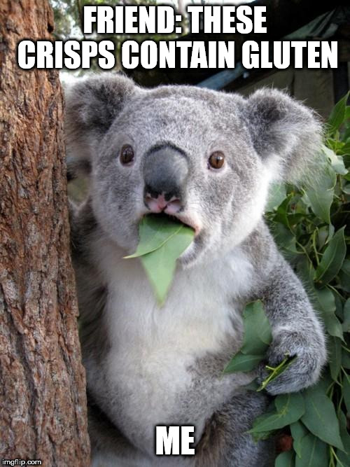 Surprised Koala | FRIEND: THESE CRISPS CONTAIN GLUTEN; ME | image tagged in memes,surprised koala | made w/ Imgflip meme maker