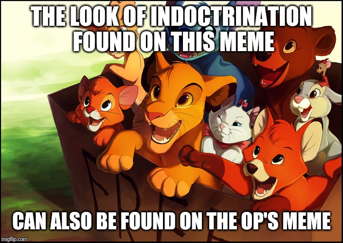 Disney Animal Indoctrination | THE LOOK OF INDOCTRINATION FOUND ON THIS MEME CAN ALSO BE FOUND ON THE OP'S MEME | image tagged in disney animal indoctrination | made w/ Imgflip meme maker