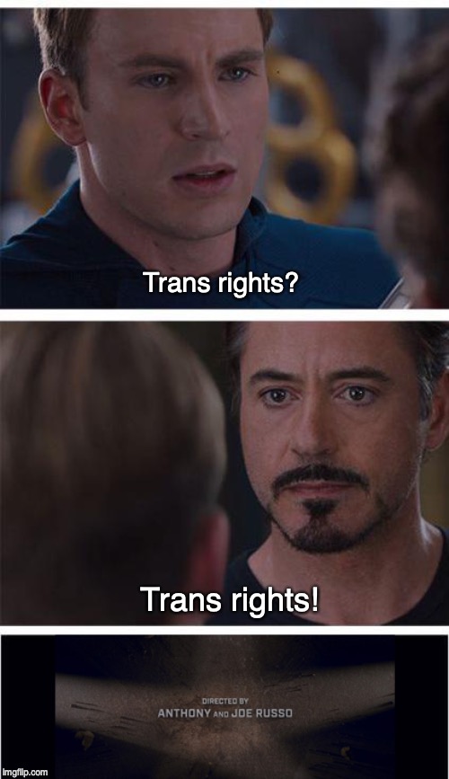 Trans Rights | Trans rights? Trans rights! | image tagged in marvel civil war,transgender,mcu,lgbt | made w/ Imgflip meme maker