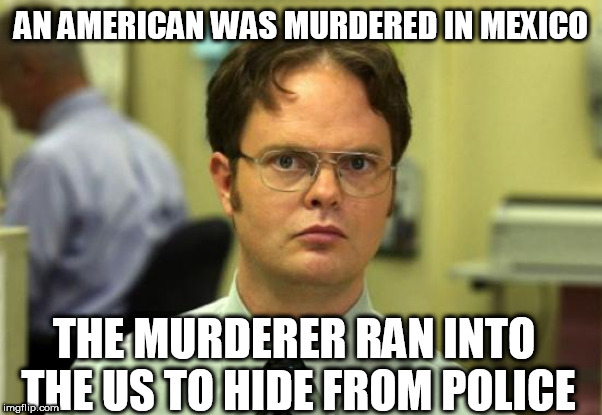Dwight Schrute Meme | AN AMERICAN WAS MURDERED IN MEXICO; THE MURDERER RAN INTO THE US TO HIDE FROM POLICE | image tagged in memes,dwight schrute | made w/ Imgflip meme maker