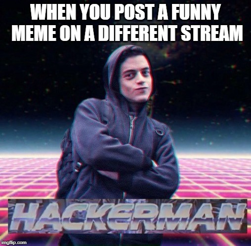 HackerMan | WHEN YOU POST A FUNNY MEME ON A DIFFERENT STREAM | image tagged in hackerman | made w/ Imgflip meme maker