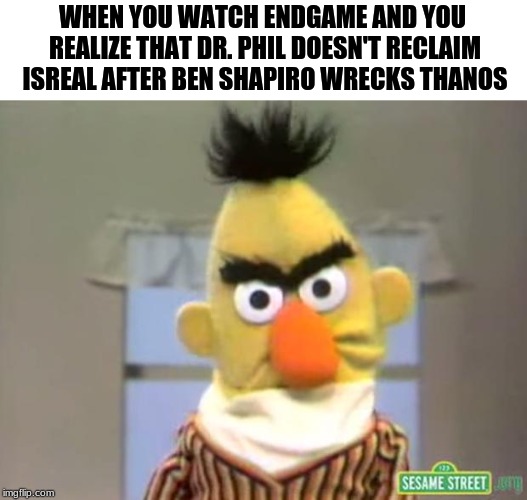 Sesame Street - Angry Bert | WHEN YOU WATCH ENDGAME AND YOU REALIZE THAT DR. PHIL DOESN'T RECLAIM ISREAL AFTER BEN SHAPIRO WRECKS THANOS | image tagged in sesame street - angry bert | made w/ Imgflip meme maker