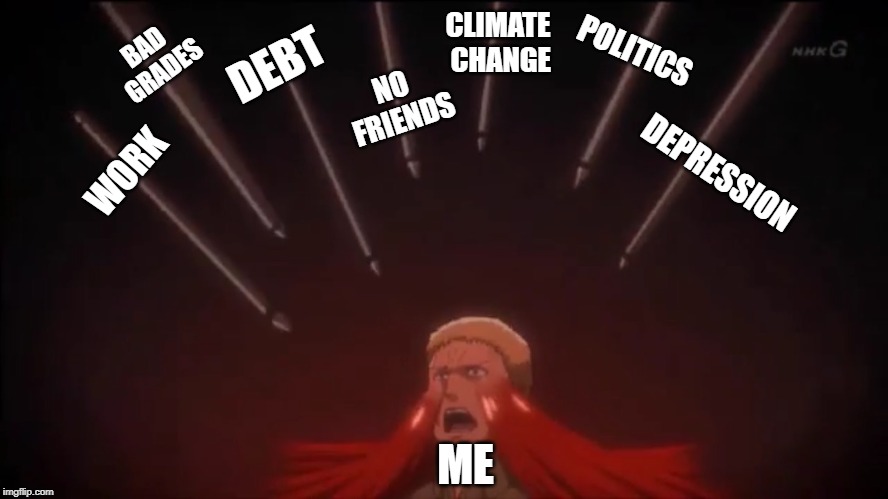 Perforated Reiner | CLIMATE CHANGE; BAD GRADES; DEBT; POLITICS; NO FRIENDS; DEPRESSION; WORK; ME | image tagged in perforated reiner | made w/ Imgflip meme maker