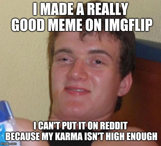 This Is the main problem on meme Subreddits | I MADE A REALLY GOOD MEME ON IMGFLIP; I CAN'T PUT IT ON REDDIT BECAUSE MY KARMA ISN'T HIGH ENOUGH | image tagged in memes,10 guy,reddit | made w/ Imgflip meme maker