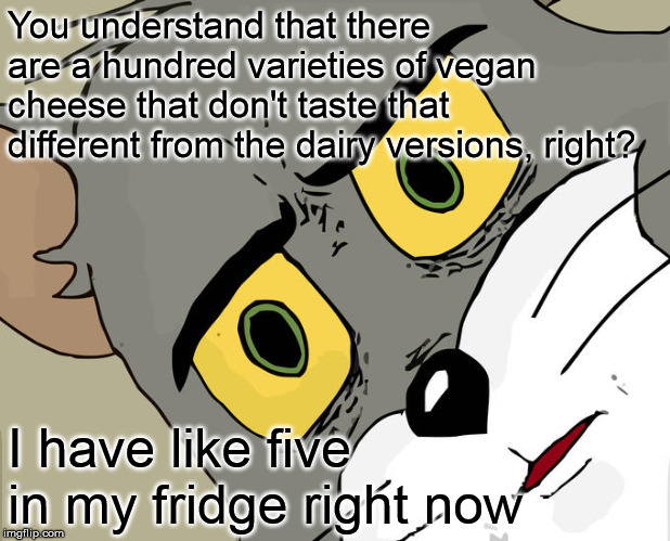 Unsettled Tom Meme | You understand that there are a hundred varieties of vegan cheese that don't taste that different from the dairy versions, right? I have lik | image tagged in memes,unsettled tom | made w/ Imgflip meme maker