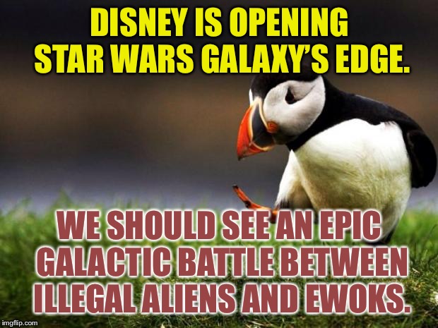 Star Race Wars Galaxy’s Edge | DISNEY IS OPENING STAR WARS GALAXY’S EDGE. WE SHOULD SEE AN EPIC GALACTIC BATTLE BETWEEN ILLEGAL ALIENS AND EWOKS. | image tagged in memes,unpopular opinion puffin,racist,aliens,disney star wars,ewok | made w/ Imgflip meme maker