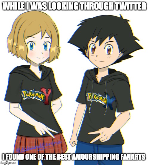 Pokemon XY Sweaters | WHILE I WAS LOOKING THROUGH TWITTER; I FOUND ONE OF THE BEST AMOURSHIPPING FANARTS | image tagged in amourshipping,pokemon,ash ketchum,serena,pokemon x and y,memes | made w/ Imgflip meme maker