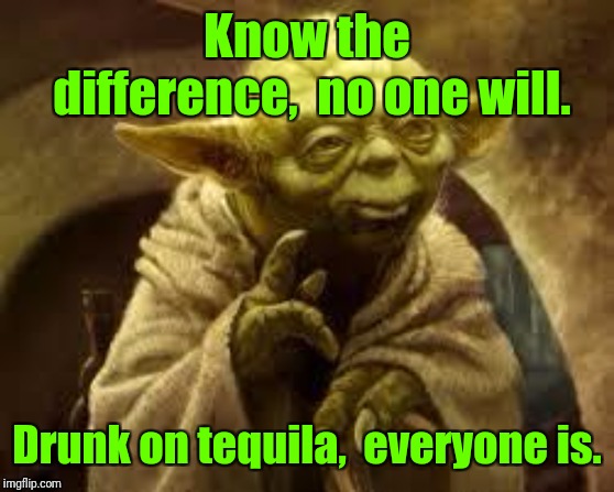 yoda | Know the difference,  no one will. Drunk on tequila,  everyone is. | image tagged in yoda | made w/ Imgflip meme maker