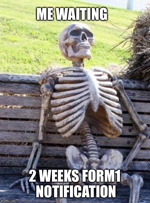 Waiting Skeleton | ME WAITING; 2 WEEKS FORM1 NOTIFICATION | image tagged in memes,waiting skeleton | made w/ Imgflip meme maker