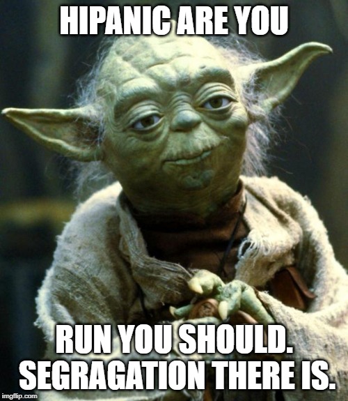 Star Wars Yoda | HIPANIC ARE YOU; RUN YOU SHOULD. SEGRAGATION THERE IS. | image tagged in memes,star wars yoda | made w/ Imgflip meme maker