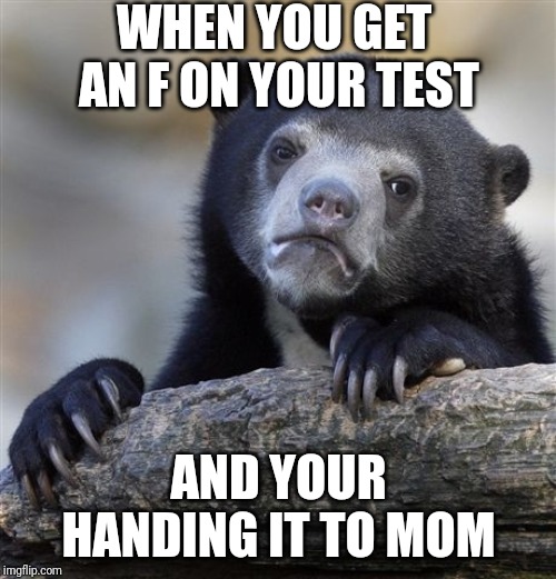 Confession Bear | WHEN YOU GET AN F ON YOUR TEST; AND YOUR HANDING IT TO MOM | image tagged in memes,confession bear | made w/ Imgflip meme maker