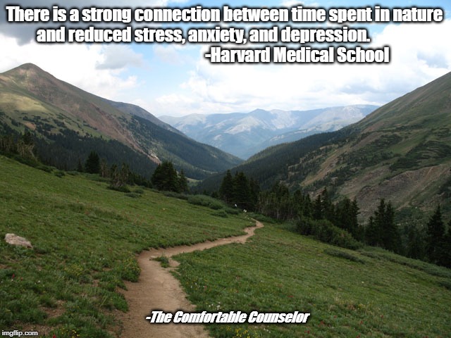 Hike | There is a strong connection between time spent in nature and reduced stress, anxiety, and depression.
                                                           -Harvard Medical School; -The Comfortable Counselor | image tagged in hike | made w/ Imgflip meme maker