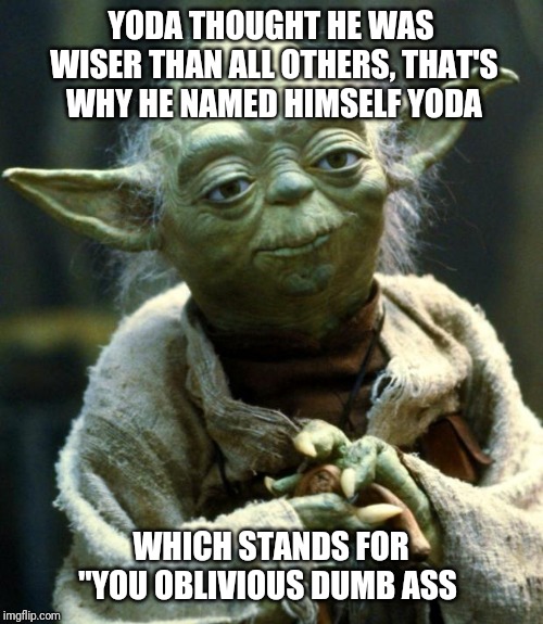 Star Wars Yoda Meme | YODA THOUGHT HE WAS WISER THAN ALL OTHERS, THAT'S WHY HE NAMED HIMSELF YODA; WHICH STANDS FOR "YOU OBLIVIOUS DUMB ASS | image tagged in memes,star wars yoda | made w/ Imgflip meme maker