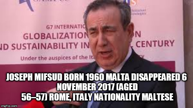 FBI plant | JOSEPH MIFSUD
BORN	1960
MALTA
DISAPPEARED	6 NOVEMBER 2017 (AGED 56–57)
ROME, ITALY
NATIONALITY	MALTESE | image tagged in fbi plant | made w/ Imgflip meme maker
