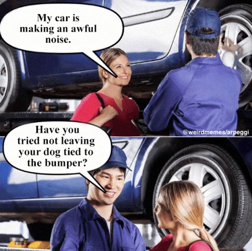 It Kinda Sounds Like A Gopher Stuck In A Lawnmower | image tagged in my car is making an awful noise,mechanic,car,meme,funny meme,dog | made w/ Imgflip meme maker