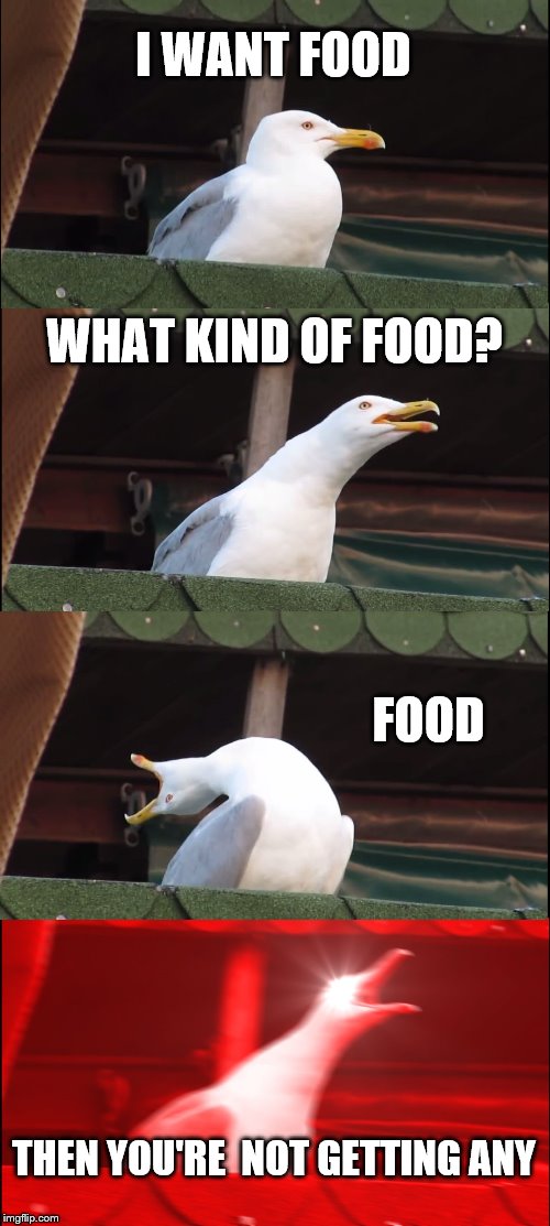 Inhaling Seagull Meme | I WANT FOOD; WHAT KIND OF FOOD? FOOD; THEN YOU'RE  NOT GETTING ANY | image tagged in memes,inhaling seagull | made w/ Imgflip meme maker