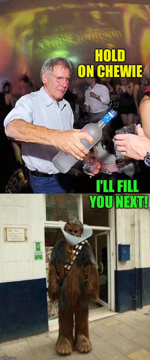 Party animal Chewie | HOLD ON CHEWIE; I'LL FILL YOU NEXT! | image tagged in harrison ford partying hard,chewbacca,drinking,partying,funny | made w/ Imgflip meme maker
