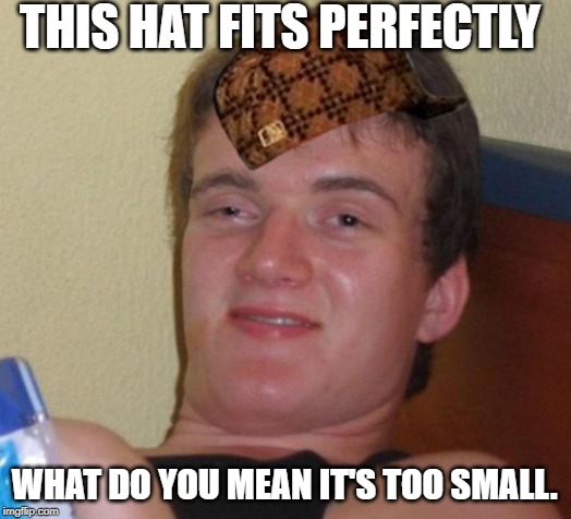 10 Guy Meme | THIS HAT FITS PERFECTLY; WHAT DO YOU MEAN IT'S TOO SMALL. | image tagged in memes,10 guy | made w/ Imgflip meme maker