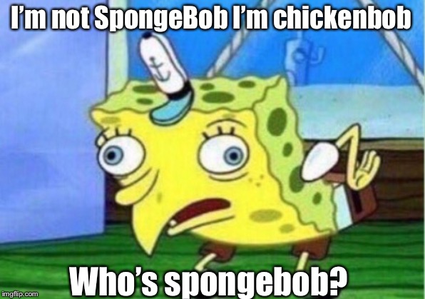 Mocking Spongebob Meme | I’m not SpongeBob I’m chickenbob; Who’s spongebob? | image tagged in memes,mocking spongebob | made w/ Imgflip meme maker