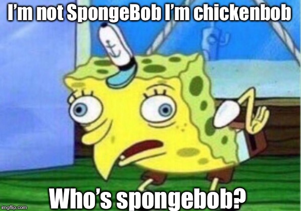 Mocking Spongebob | I’m not SpongeBob I’m chickenbob; Who’s spongebob? | image tagged in memes,mocking spongebob | made w/ Imgflip meme maker