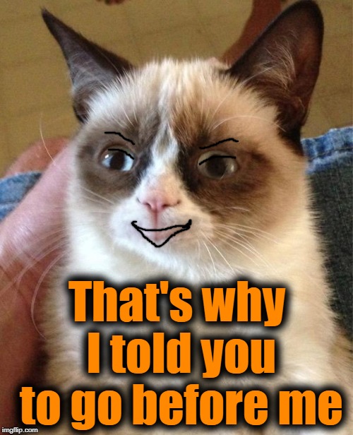 Grumpy Cat Happy Meme | That's why I told you to go before me | image tagged in memes,grumpy cat happy,grumpy cat | made w/ Imgflip meme maker