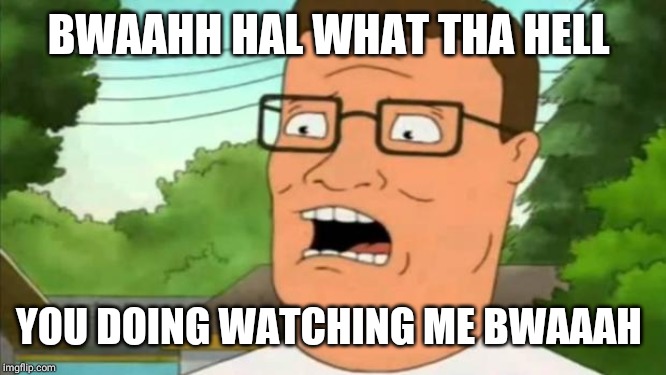 Hank hill | BWAAHH HAL WHAT THA HELL YOU DOING WATCHING ME BWAAAH | image tagged in hank hill | made w/ Imgflip meme maker