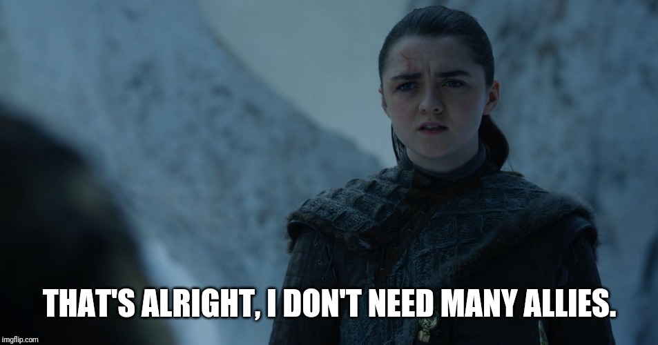 No One Needs Allies | THAT'S ALRIGHT, I DON'T NEED MANY ALLIES. | image tagged in arya stark,game of thrones,allies,season 8,episode 4 | made w/ Imgflip meme maker