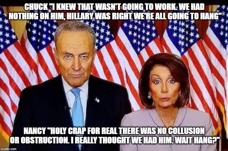 Chuck and Nancy | CHUCK "I KNEW THAT WASN'T GOING TO WORK. WE HAD NOTHING ON HIM, HILLARY WAS RIGHT WE'RE ALL GOING TO HANG"; NANCY "HOLY CRAP FOR REAL THERE WAS NO COLLUSION OR OBSTRUCTION. I REALLY THOUGHT WE HAD HIM. WAIT HANG?" | image tagged in chuck and nancy | made w/ Imgflip meme maker