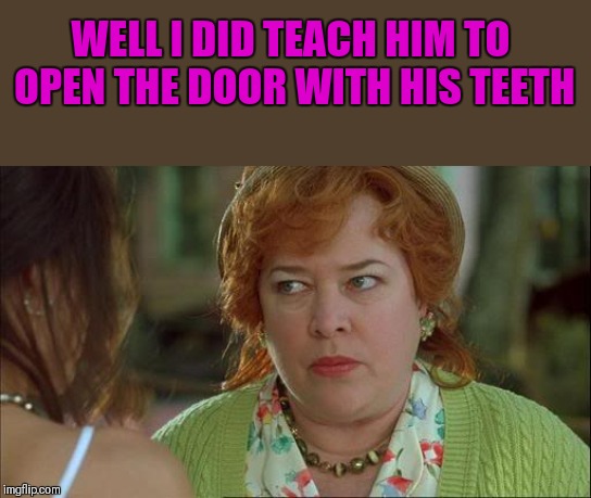 Waterboy Kathy Bates Devil | WELL I DID TEACH HIM TO OPEN THE DOOR WITH HIS TEETH | image tagged in waterboy kathy bates devil | made w/ Imgflip meme maker