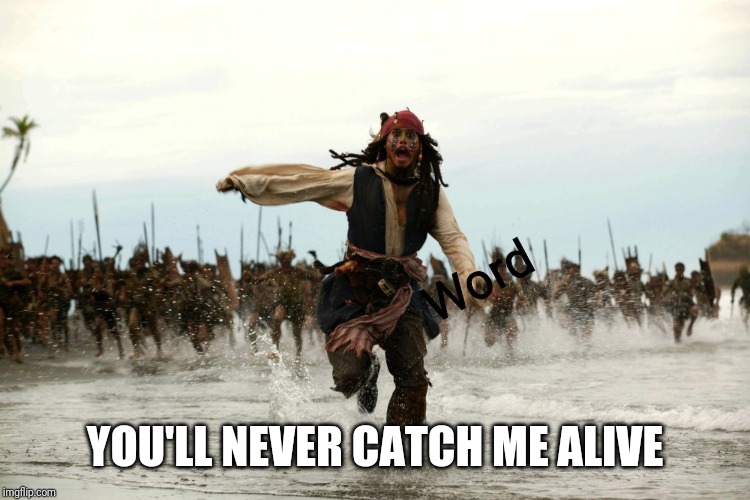 captain jack sparrow running | Word YOU'LL NEVER CATCH ME ALIVE | image tagged in captain jack sparrow running | made w/ Imgflip meme maker
