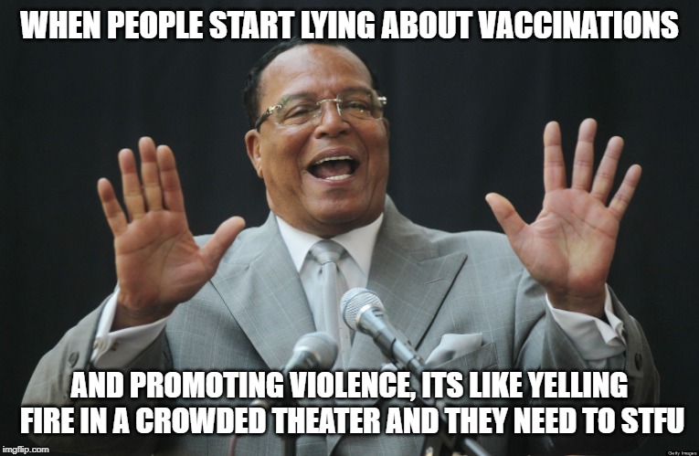 louis farrakhan | WHEN PEOPLE START LYING ABOUT VACCINATIONS AND PROMOTING VIOLENCE, ITS LIKE YELLING FIRE IN A CROWDED THEATER AND THEY NEED TO STFU | image tagged in louis farrakhan | made w/ Imgflip meme maker