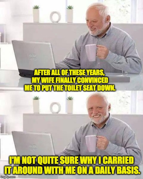 Hide the Pain Harold | AFTER ALL OF THESE YEARS, MY WIFE FINALLY CONVINCED ME TO PUT THE TOILET SEAT DOWN. I'M NOT QUITE SURE WHY I CARRIED IT AROUND WITH ME ON A DAILY BASIS. | image tagged in memes,hide the pain harold | made w/ Imgflip meme maker