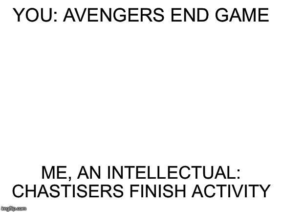 Blank White Template | YOU: AVENGERS END GAME; ME, AN INTELLECTUAL: CHASTISERS FINISH ACTIVITY | image tagged in blank white template | made w/ Imgflip meme maker