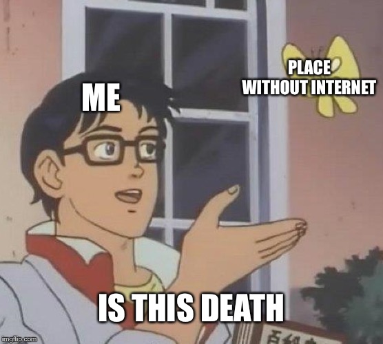 Is This A Pigeon | PLACE WITHOUT INTERNET; ME; IS THIS DEATH | image tagged in memes,is this a pigeon | made w/ Imgflip meme maker