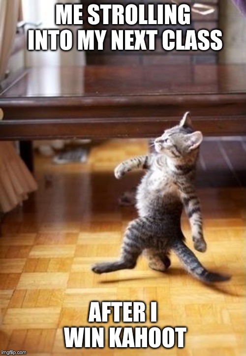 the best feeling in the world | ME STROLLING INTO MY NEXT CLASS; AFTER I WIN KAHOOT | image tagged in memes,cool cat stroll | made w/ Imgflip meme maker