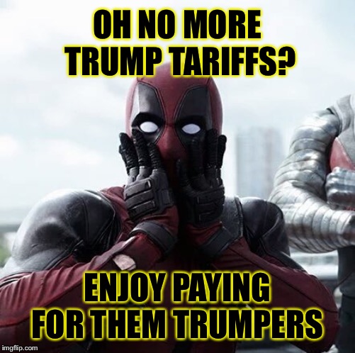 Deadpool Surprised | OH NO MORE TRUMP TARIFFS? ENJOY PAYING FOR THEM TRUMPERS | image tagged in memes,deadpool surprised | made w/ Imgflip meme maker