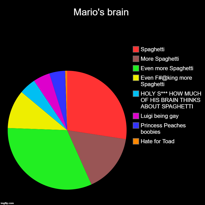 Mario's brain | Hate for Toad, Princess Peaches boobies, Luigi being gay, HOLY S*** HOW MUCH OF HIS BRAIN THINKS ABOUT SPAGHETTI, Even F#@ki | image tagged in charts,pie charts | made w/ Imgflip chart maker