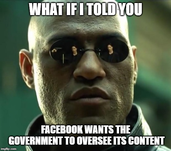 Morpheus  | WHAT IF I TOLD YOU FACEBOOK WANTS THE GOVERNMENT TO OVERSEE ITS CONTENT | image tagged in morpheus | made w/ Imgflip meme maker