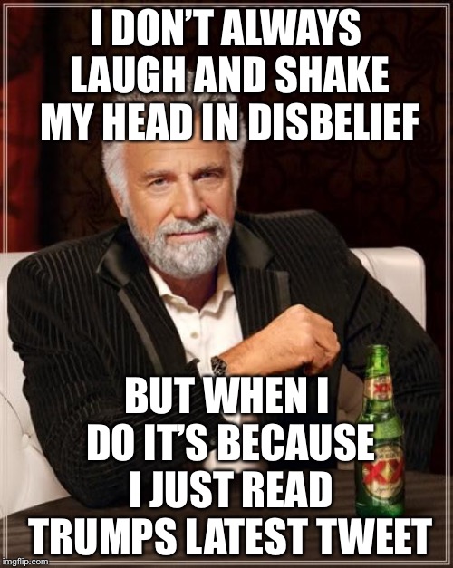 The Most Interesting Man In The World | I DON’T ALWAYS LAUGH AND SHAKE MY HEAD IN DISBELIEF; BUT WHEN I DO IT’S BECAUSE I JUST READ TRUMPS LATEST TWEET | image tagged in memes,the most interesting man in the world | made w/ Imgflip meme maker