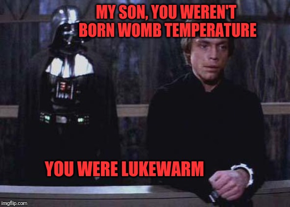 Darth Vader Luke Skywalker | MY SON, YOU WEREN'T BORN WOMB TEMPERATURE YOU WERE LUKEWARM | image tagged in darth vader luke skywalker | made w/ Imgflip meme maker