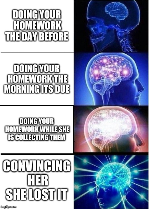 Expanding Brain Meme | DOING YOUR HOMEWORK THE DAY BEFORE; DOING YOUR HOMEWORK THE MORNING ITS DUE; DOING YOUR HOMEWORK WHILE SHE IS COLLECTING THEM; CONVINCING HER SHE LOST IT | image tagged in memes,expanding brain | made w/ Imgflip meme maker